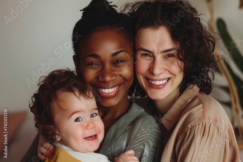 Happy lesbian multiethnic couple in love with childen at home. Family lgbt child happiness concept, Generative AI photo