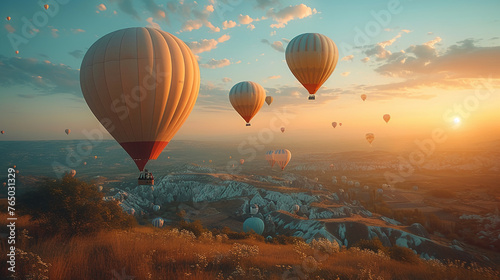 balloons take off in the valley, gradient, white and light turquoise. AI generative © SANGHYUN
