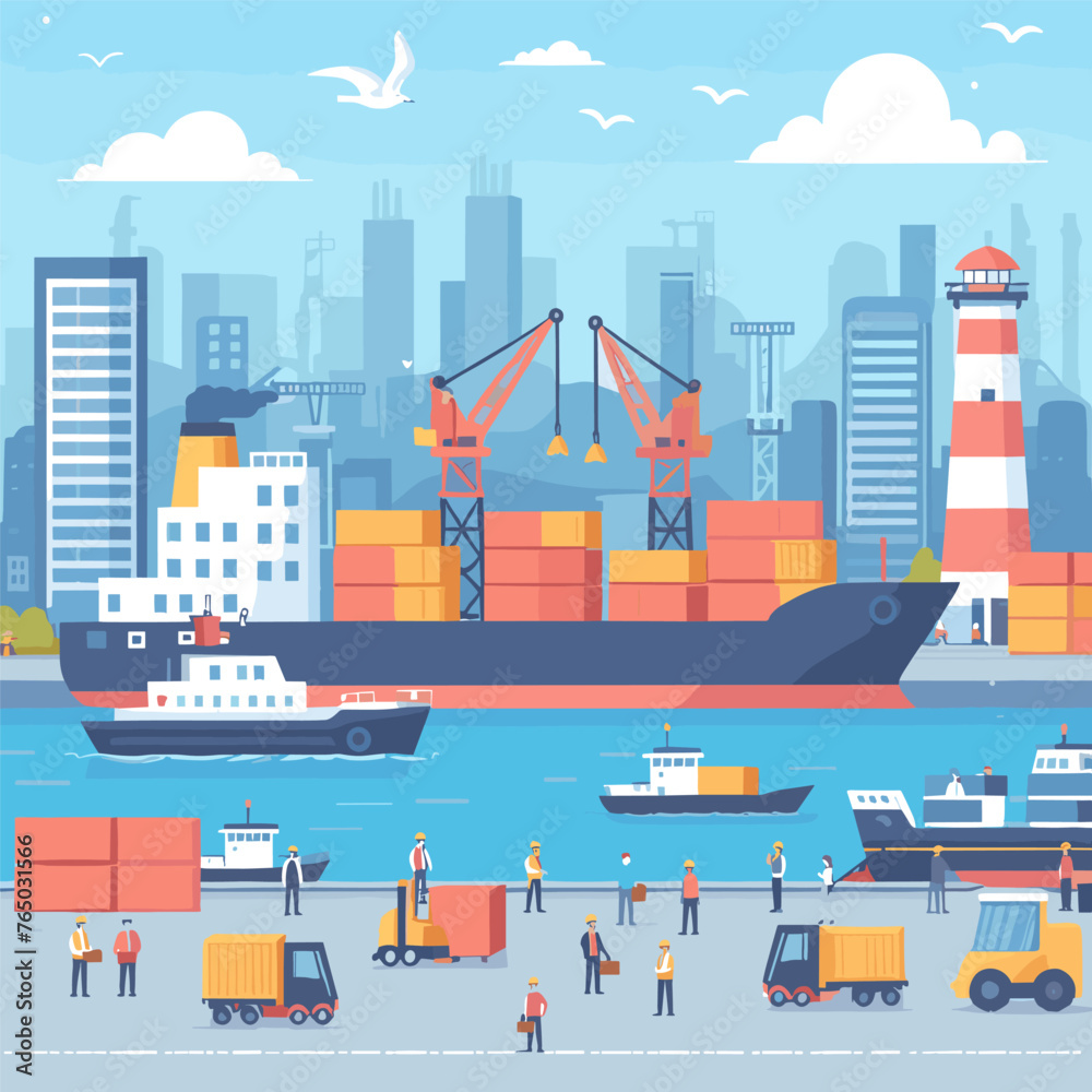 Obraz premium international cargo delivery ship at the port flat illustration