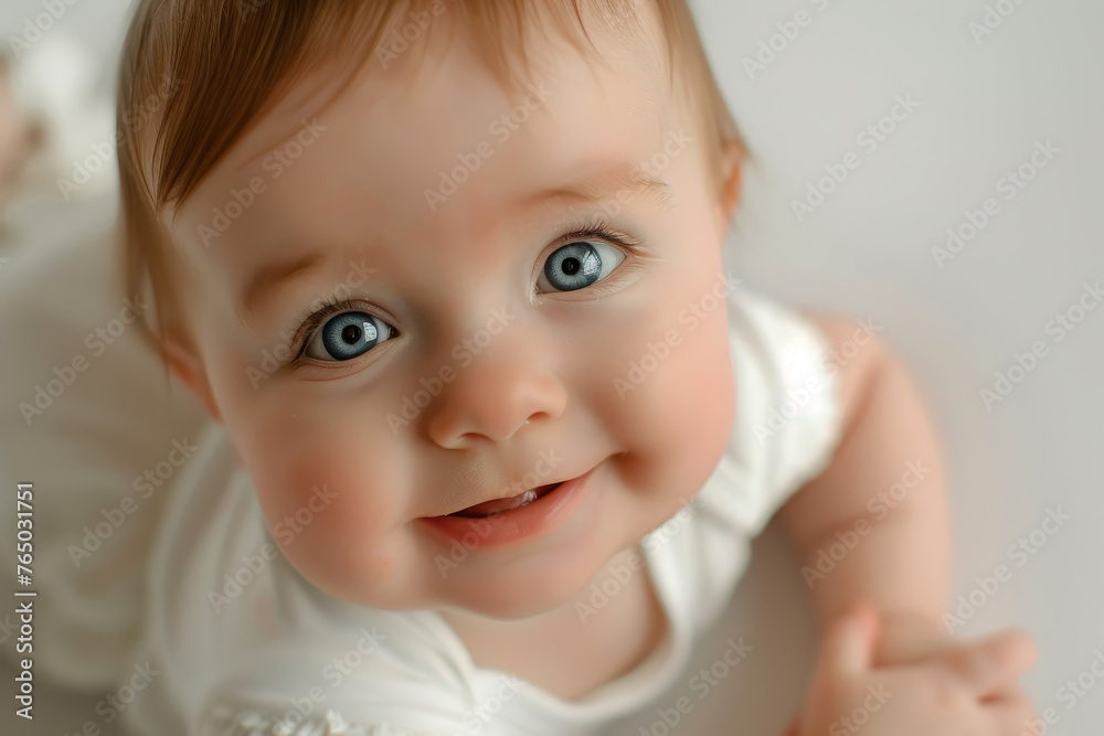 A baby with blue eyes is smiling and looking at the camera