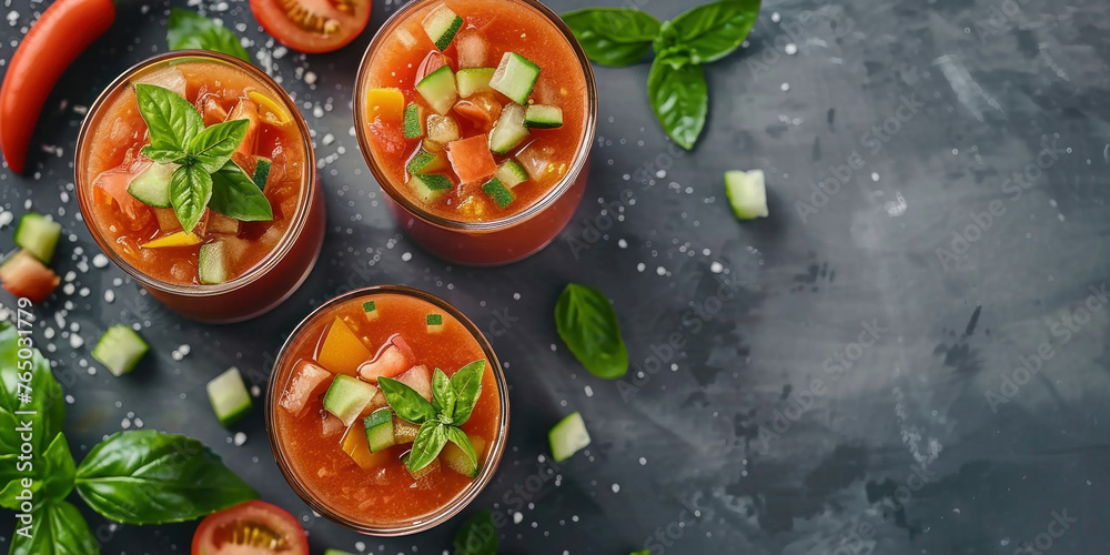 Fresh tomato soup with cucumber, basil and cherry tomatoes on a dark background Fresh tomato soup with cucumber, basil and cherry tomatoes on a dark background