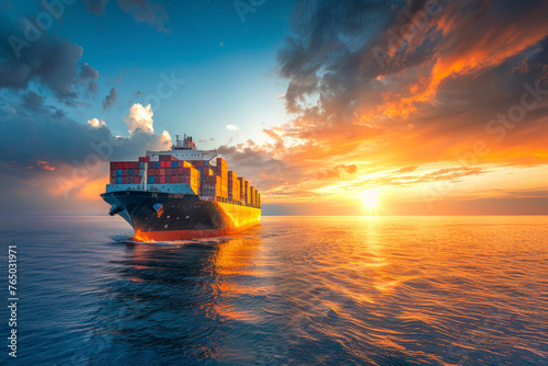 Container cargo ship in the ocean at sunset blue sky background with copy space.