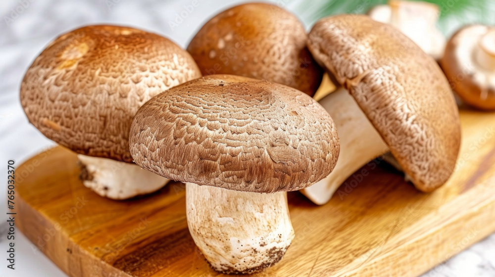Shiitake Mushrooms Up Close ona Warm Wooden Board Shiitake Mushrooms Up Close ona Warm Wooden Board