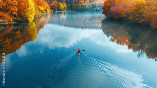 Person rowing on a calm lake in autumn, aerial view only small boat 