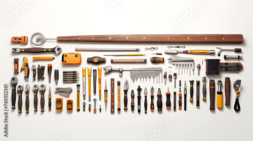 group of tools seen from above, overhead shot, many tools photo