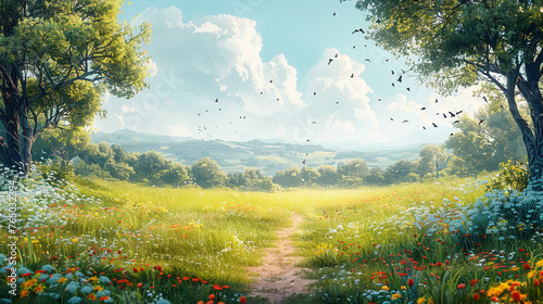 Spring style, Swallows, wills, blue sky, sunlight, soft and ethereal, detailed, miniature. AI generative