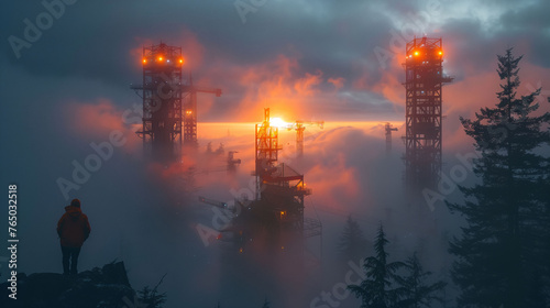 Mystical industrial landscape with towers emerging from fog at sunset.