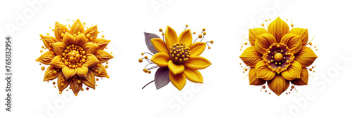 Set of Yellow knitted flower with beads in the middle, illustration, isolated over on transparent white background © Mithun