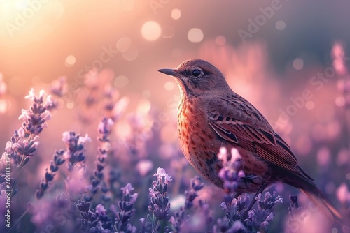 Elegant 2D avian design, ground level, subtle lavender field, morning glow, rich textures © Premyuda