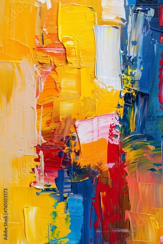 Vibrant abstract oil painting on canvas, featuring a lively blend of yellow, red, and other colors to enrich your space with texture and warmth