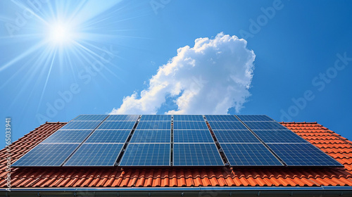 Solar panels on clay tile roof top of a house, green renewal energy concepts, 