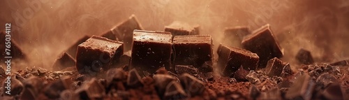 Floating fudge in a chocolate storm, ground level, ethereal mist, deep brown, moody light