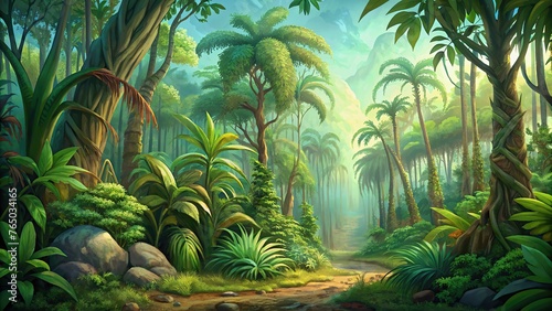 Illustration of a fairy tale tropical forest