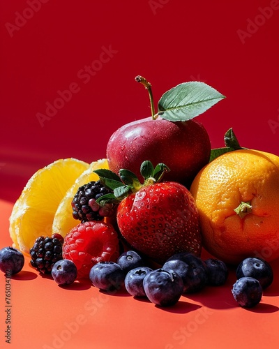 Fun fruit arrangement  side angle  bright red background  soft matte finish  shadow play