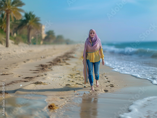 Una mujer serena con hijab pasea por la playa, su bufanda rosa pÃ¡lido complementa una blusa amarilla y mezclilla, con el ocÃ©ano a su lado. photo