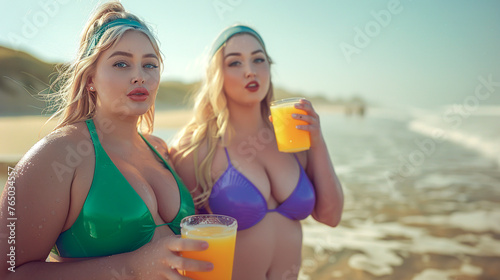 Dos mujeres en trajes de baÃ±o vibrantes sosteniendo bebidas de naranja en una playa soleada, que encarnan la relajaciÃ³n y la amistad con olas golpeando suavemente la orilla. photo