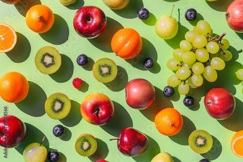 Fun fruit pattern, mixed fruits, birdseye, neon green background, lively shadows © Premyuda