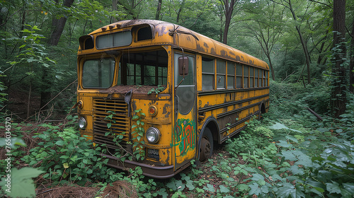 Abandoned yellow school bus with rust and graffiti overgrown by forest foliage.