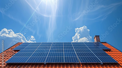 Solar panels on clay tile roof top of a house, green renewal energy concepts, 