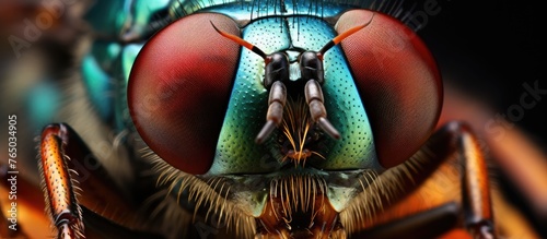 Capturing a detailed view of an insect, a fly featuring a prominent blue facial structure up close © 2rogan
