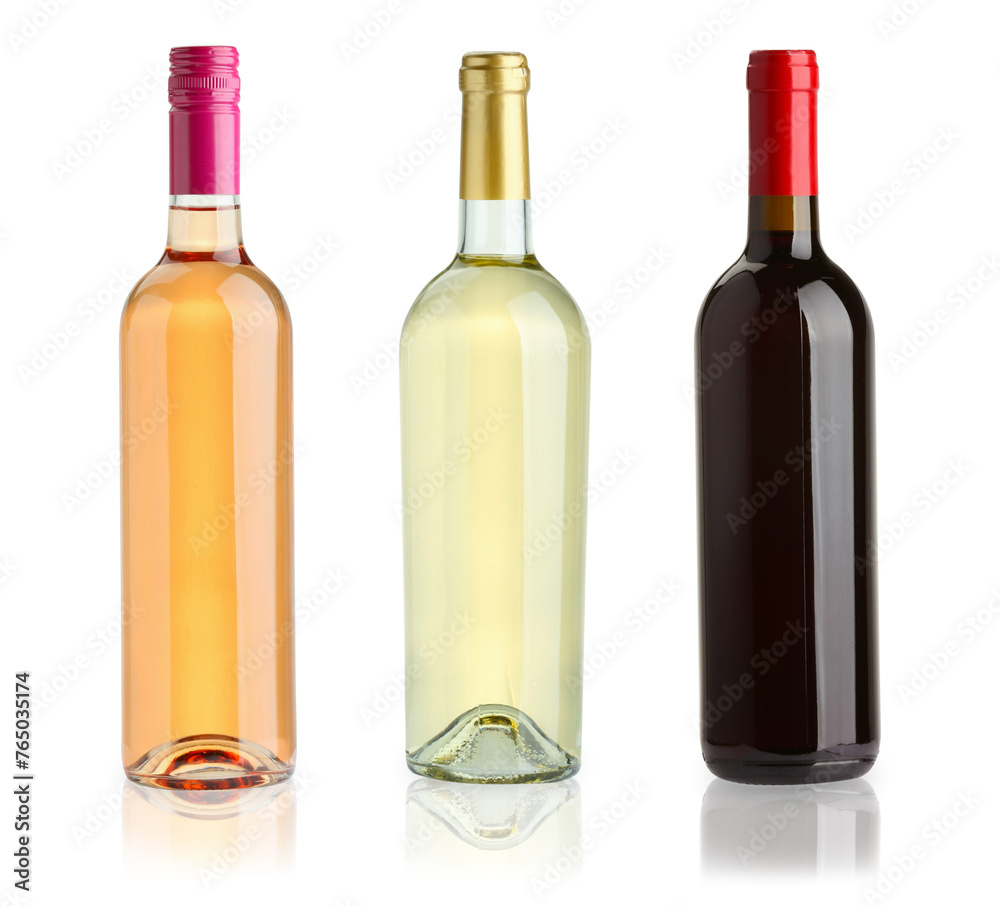 Bottles of white, rose and red wines isolated on white, set Bottles of white, rose and red wines isolated on white, set