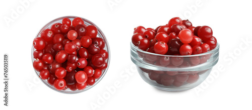 Collage with ripe cranberries in bowl isolated on white, top and side views