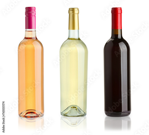 Bottles of white, rose and red wines isolated on white, set
