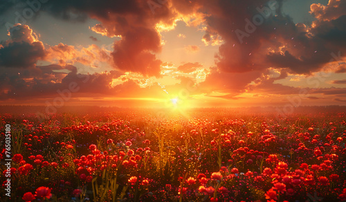 sunset flower field, dusky colors, shafts of sunlight. AI generative