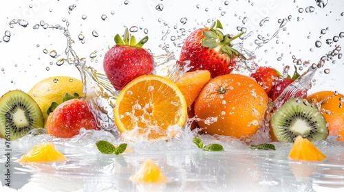 Fresh Fruits with a captivating Water Splash against a clean white background