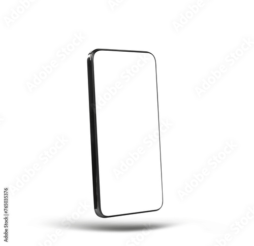 Smartphone with empty screen in air on white background. Mockup for design