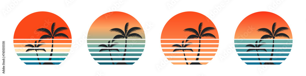 Colorful Retro Sun And Palm Silhouettes