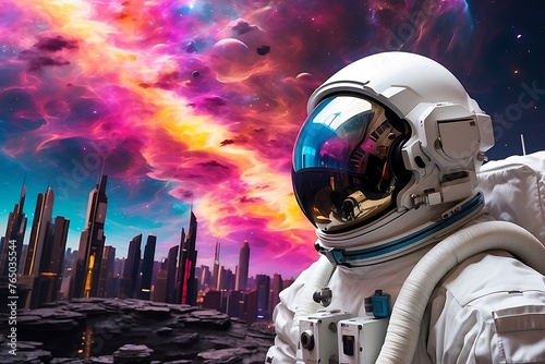 Astronaut in outer space against the background of the planet.