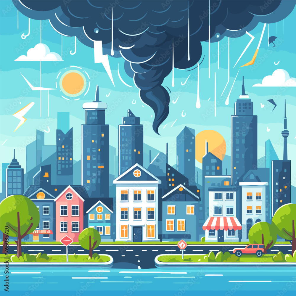 illustration of a tornado hitting the city cartoon illustration