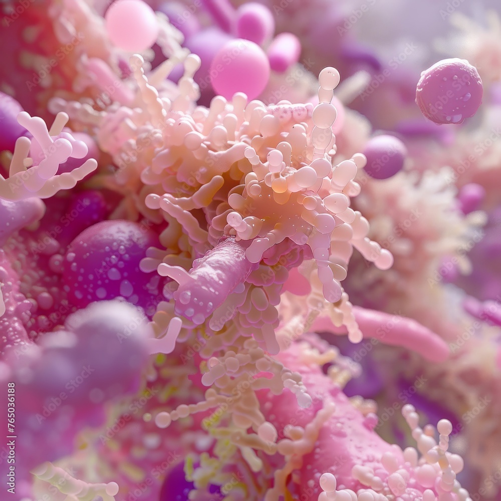 Microscopic view simulation in pastel pink and purple hues, highlighting a soft texture and cellular complexity. Microscopic view simulation in pastel pink and purple hues, highlighting a soft texture and cellular complexity.