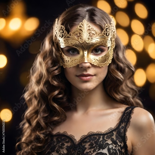 Caucasian woman around an ornate golden mask and a black lace dress