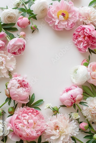 An elegant frame of peonies with space for Mother's Day text. © Larisa