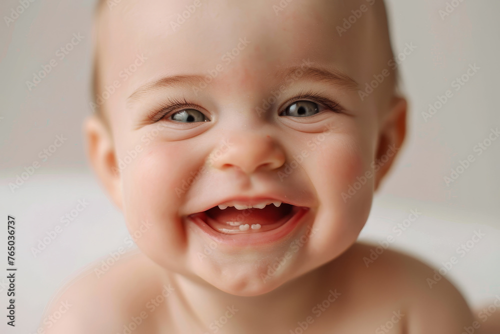 A baby is smiling and has a tooth missing A baby is smiling and has a tooth missing