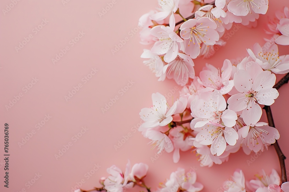 Fototapeta premium Delicate cherry blossoms on a soft pink background.