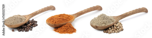 Aromatic spices. Different types of ground pepper in spoons and peppercorns on white background, set