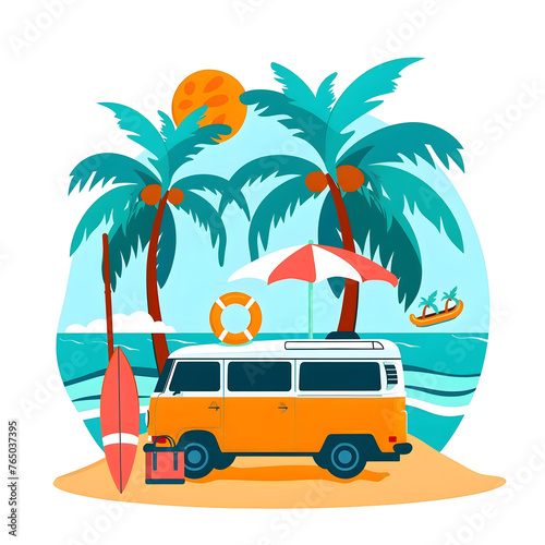 summer beach with van  illustrator cartoon