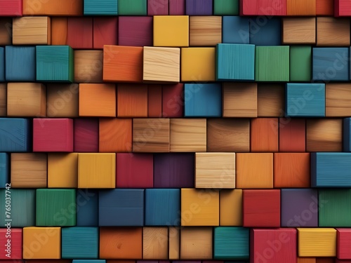 Abstract geometric rainbow colors colored 3d wooden square cubes texture wall background banner panorama long, textured wood wallpaper(Generative Ai)
