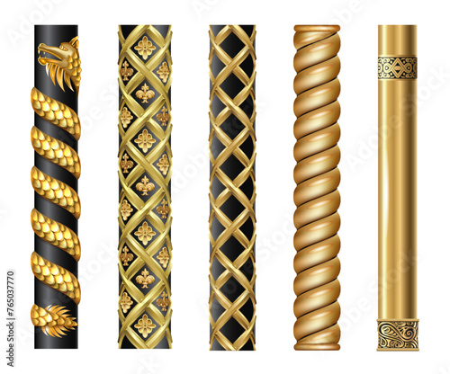 Set of golden oriental columns of Chinese and Japanese