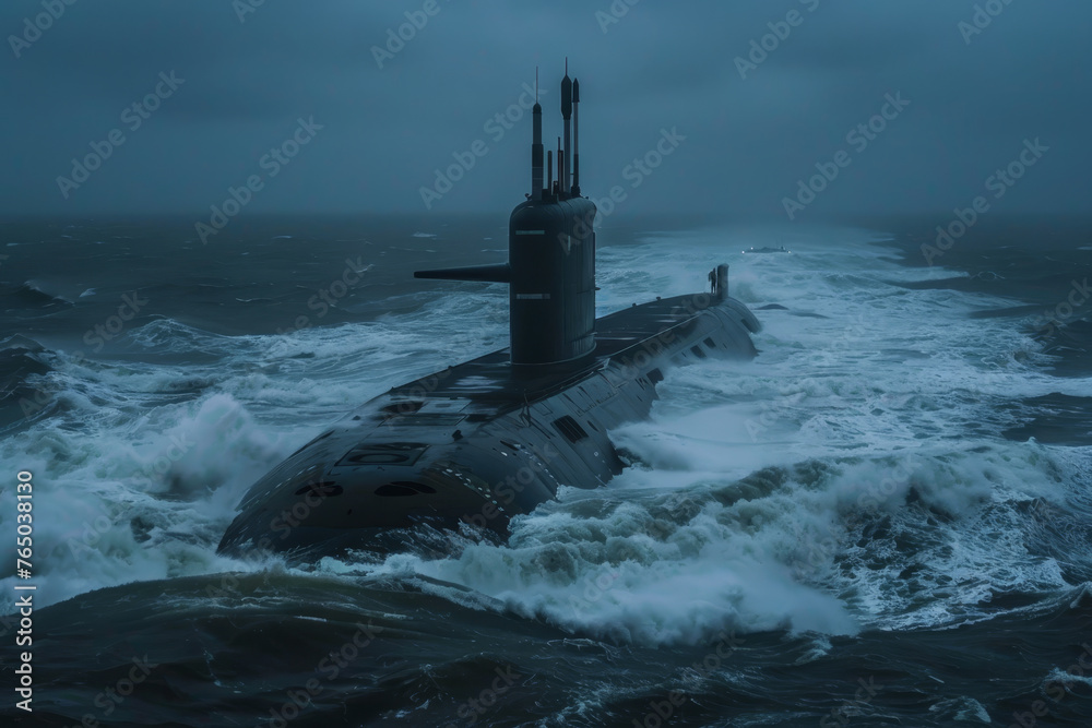 A submarine is in the water, and the water is rough