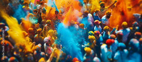 crowded blurred people with colorful holi powder