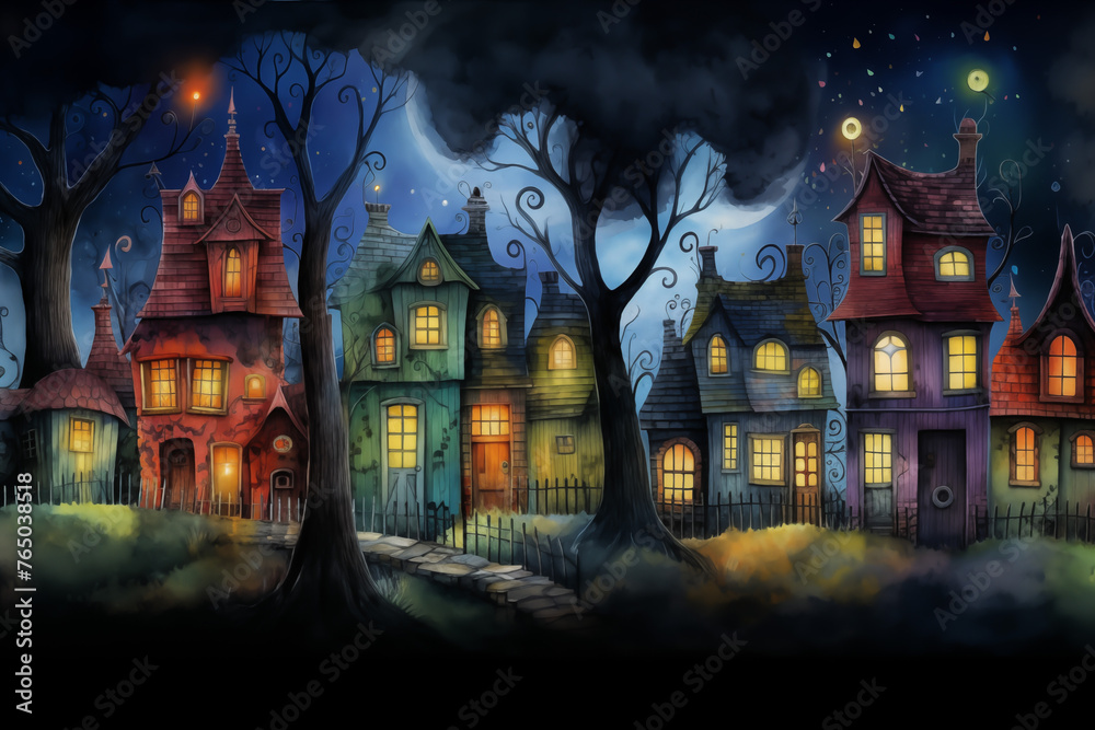 ภาพวาดทิวทัศน์เมืองในคืนฮาโลวีนที่มีบ้านผีสิง ต้นไม้เงา และท้องฟ้าแสงจันทร์อันน่าขนลุก