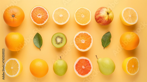 Citrus and Apple Assortment on Yellow Background