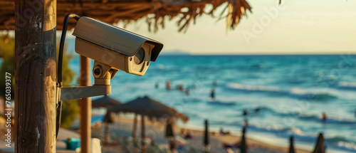 A security camera mounted on a wooden pole surveys a bustling be