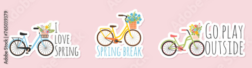 Spring stickers collection with different quotes, inscriptions. Set of three of Ladies bicycle with baskets of spring flowers. Women city retro bike. Good for cards, greeting, scrapbooking, magnets 