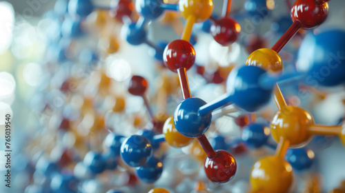 Close up of a colorful molecular structure model with a focus on chemical bonding.