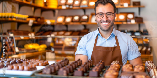A man, dressed in an apron, stands in front of a display of various chocolates. He is smiling and appears joyful as he presents the assortment of sweets